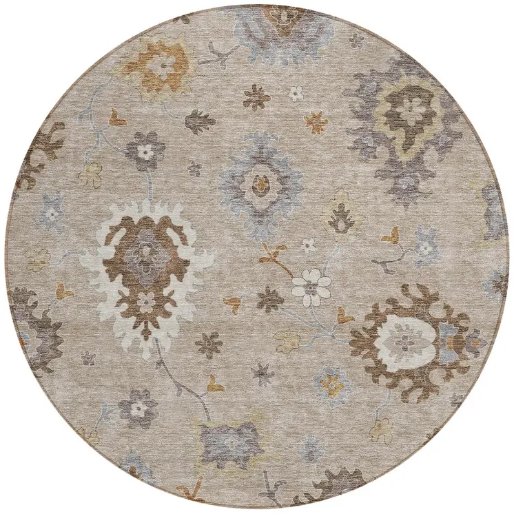 8' Taupe Silver And Gray Round Floral Washable Indoor Outdoor Area Rug