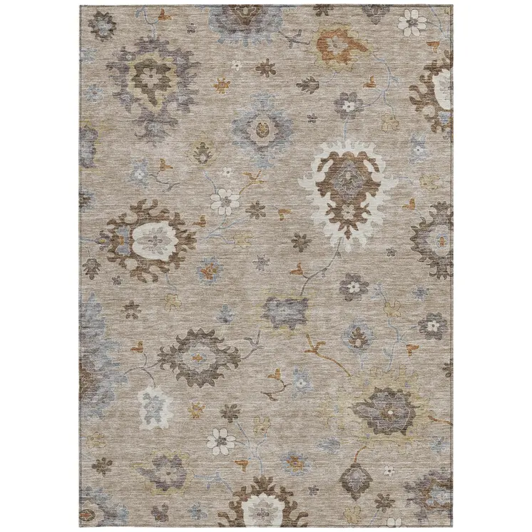 10' X 14' Taupe Silver And Gray Floral Washable Indoor Outdoor Area Rug