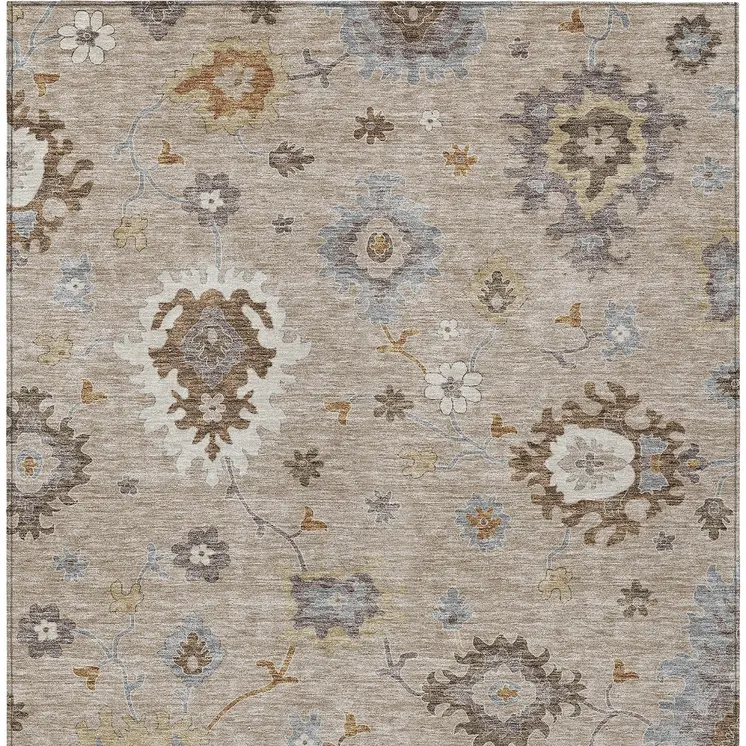 10' X 14' Taupe Silver And Gray Floral Washable Indoor Outdoor Area Rug