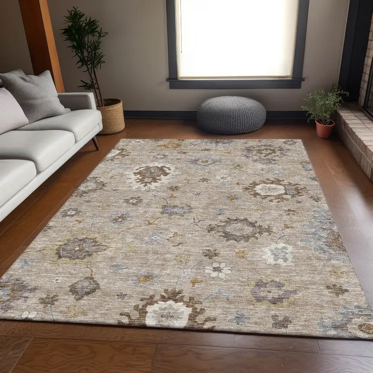 10' X 14' Taupe Silver And Gray Floral Washable Indoor Outdoor Area Rug