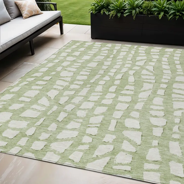 5' X 8' Artichoke Green And Ivory Abstract Washable Indoor Outdoor Area Rug