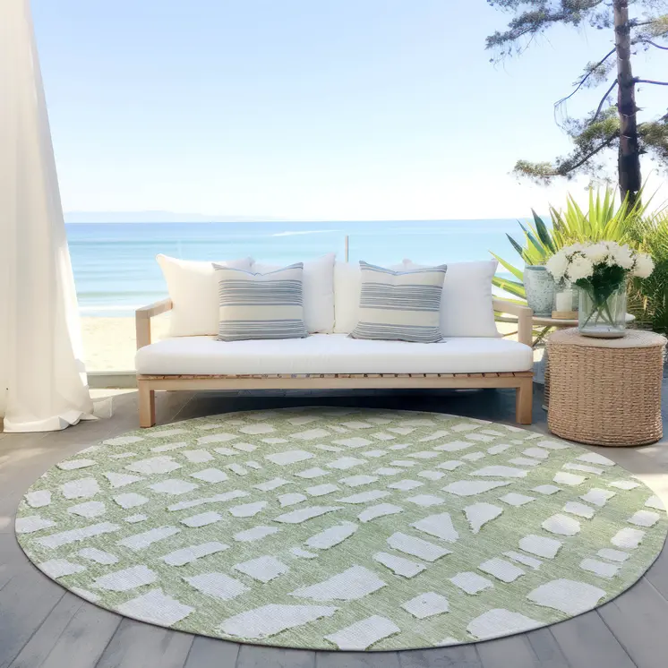 8' Artichoke Green And Ivory Round Abstract Washable Indoor Outdoor Area Rug