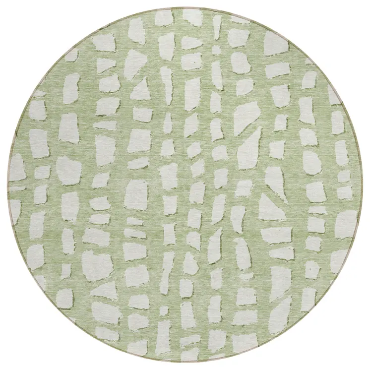 8' Artichoke Green And Ivory Round Abstract Washable Indoor Outdoor Area Rug
