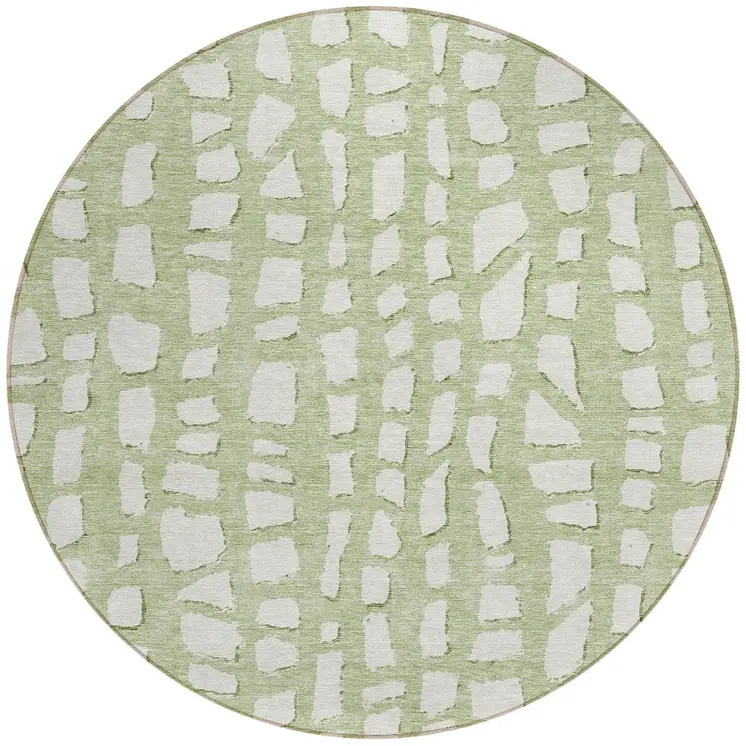 8' Artichoke Green And Ivory Round Abstract Washable Indoor Outdoor Area Rug