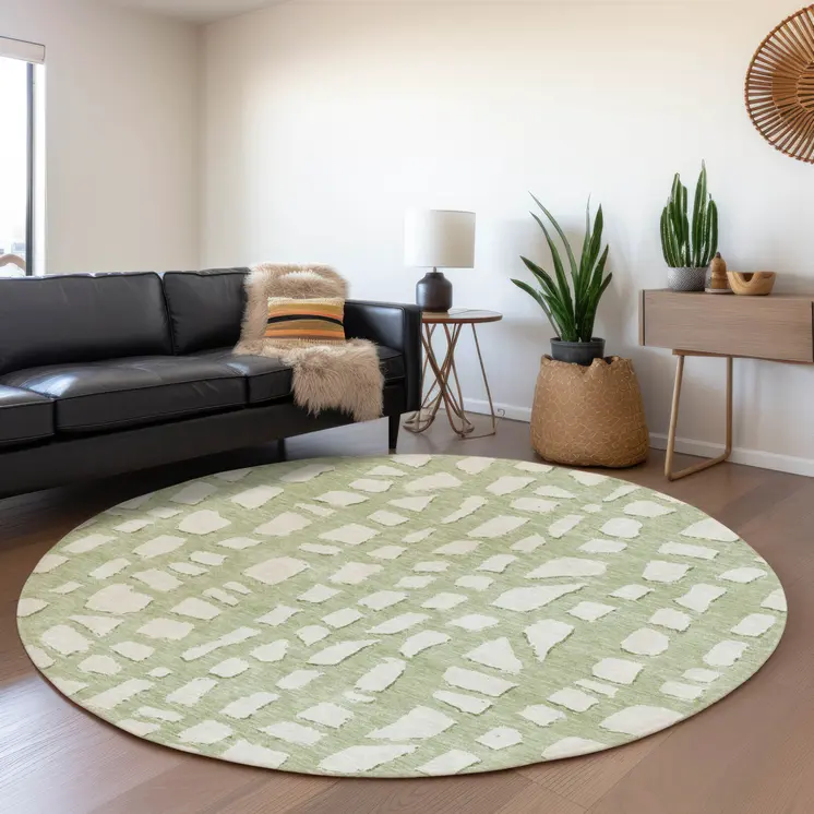 8' Artichoke Green And Ivory Round Abstract Washable Indoor Outdoor Area Rug