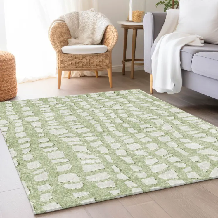8' X 10' Artichoke Green And Ivory Abstract Washable Indoor Outdoor Area Rug