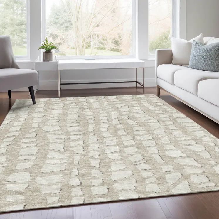 3' X 5' Beige And Ivory Abstract Washable Indoor Outdoor Area Rug