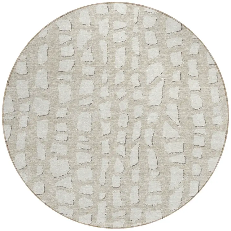 8' Beige And Ivory Round Abstract Washable Indoor Outdoor Area Rug
