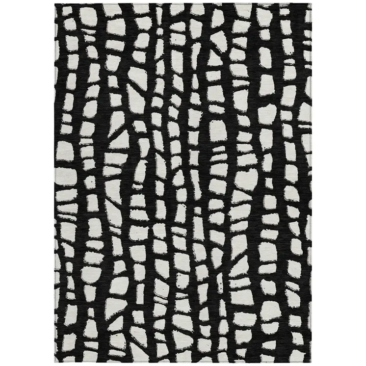 5' X 8' Black And Ivory Abstract Washable Indoor Outdoor Area Rug