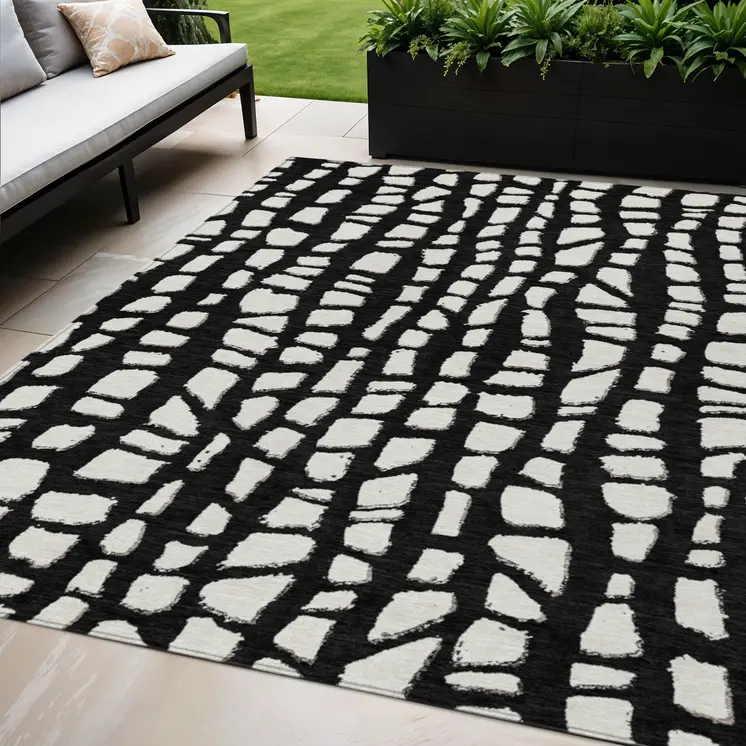 5' X 8' Black And Ivory Abstract Washable Indoor Outdoor Area Rug