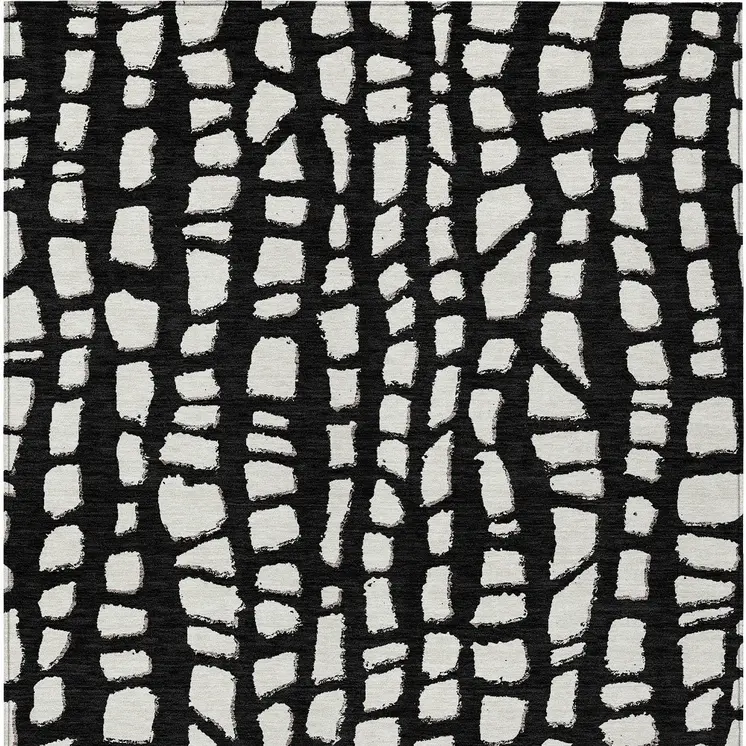 5' X 8' Black And Ivory Abstract Washable Indoor Outdoor Area Rug
