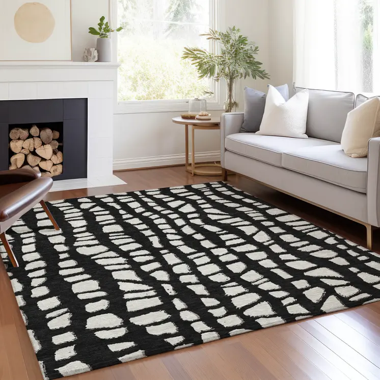 5' X 8' Black And Ivory Abstract Washable Indoor Outdoor Area Rug