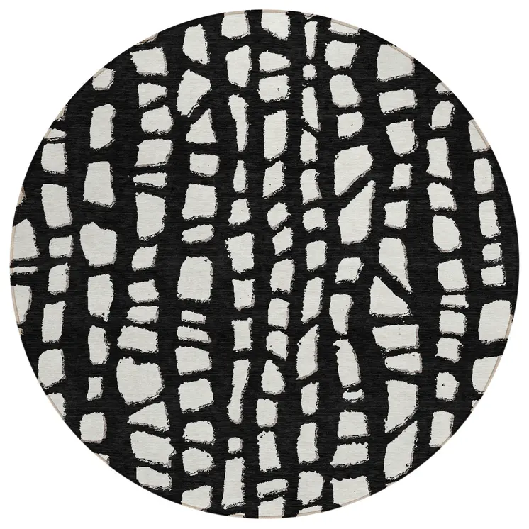 8' Black And Ivory Round Abstract Washable Indoor Outdoor Area Rug