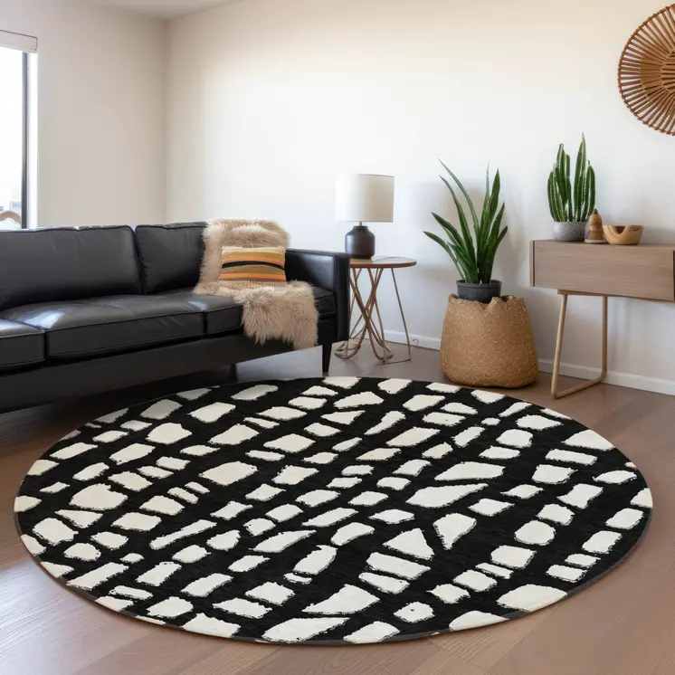 8' Black And Ivory Round Abstract Washable Indoor Outdoor Area Rug