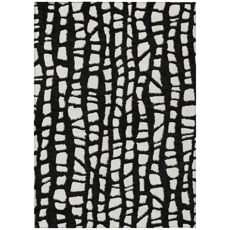 8' X 10' Black And Ivory Abstract Washable Indoor Outdoor Area Rug