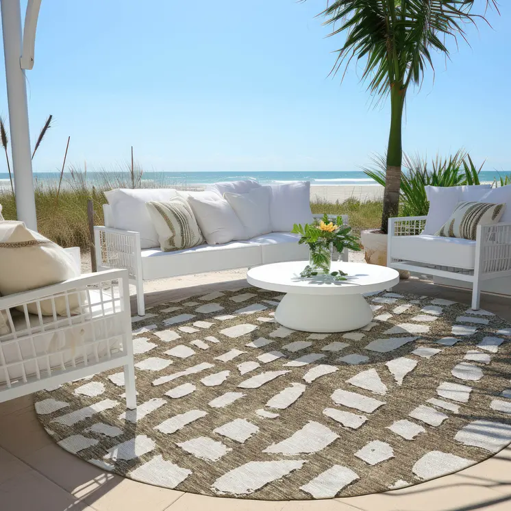 8' Brown And Ivory Round Abstract Washable Indoor Outdoor Area Rug