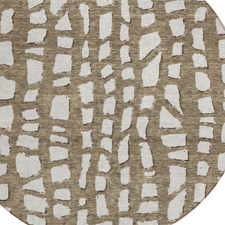 8' Brown And Ivory Round Abstract Washable Indoor Outdoor Area Rug