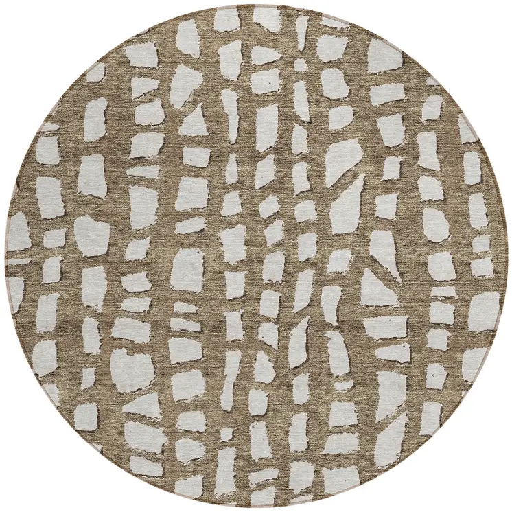 8' Brown And Ivory Round Abstract Washable Indoor Outdoor Area Rug