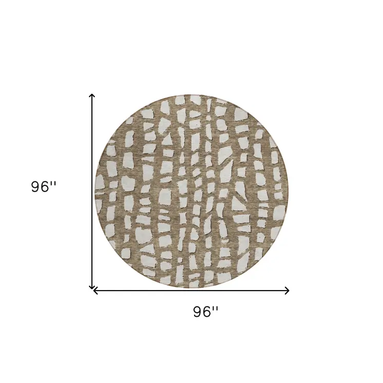 8' Brown And Ivory Round Abstract Washable Indoor Outdoor Area Rug