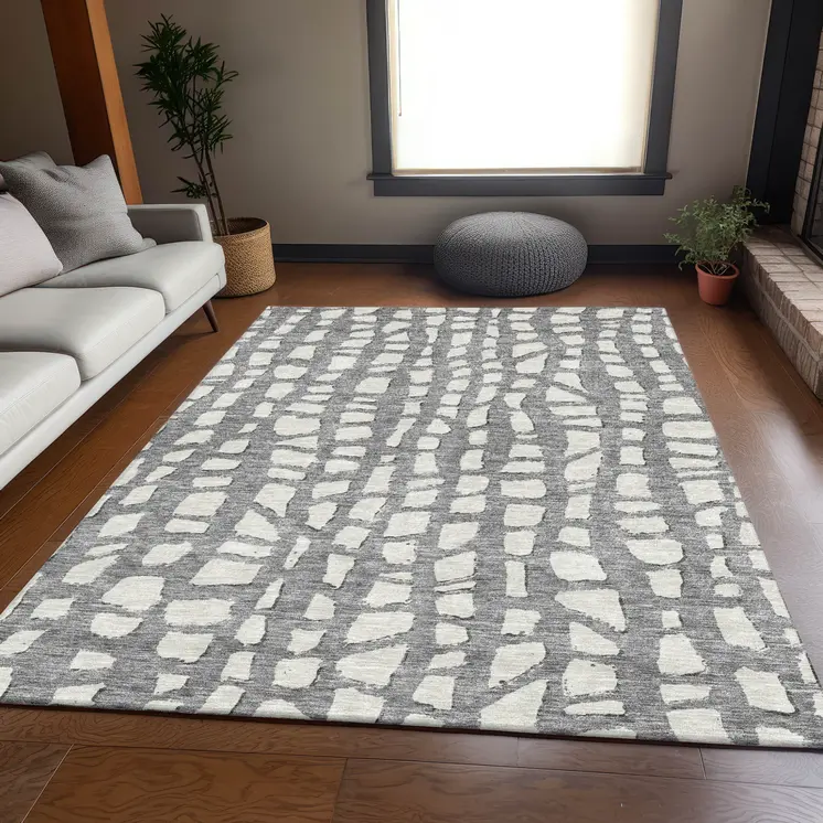 5' X 8' Gray And Ivory Abstract Washable Indoor Outdoor Area Rug