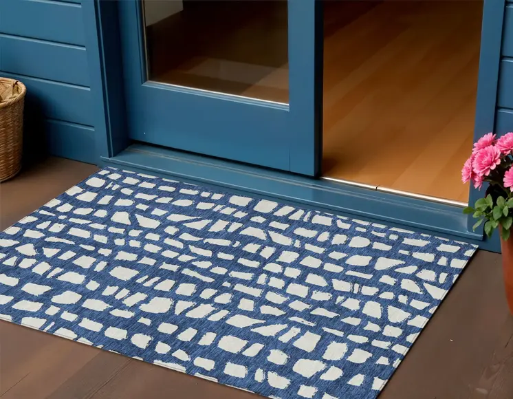 3' X 5' Navy Blue And Ivory Abstract Washable Indoor Outdoor Area Rug