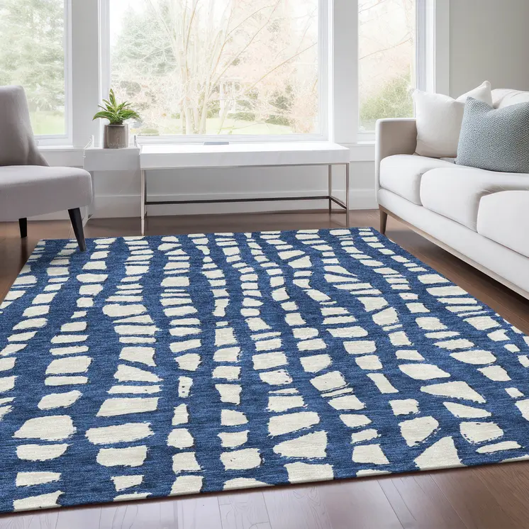 3' X 5' Navy Blue And Ivory Abstract Washable Indoor Outdoor Area Rug