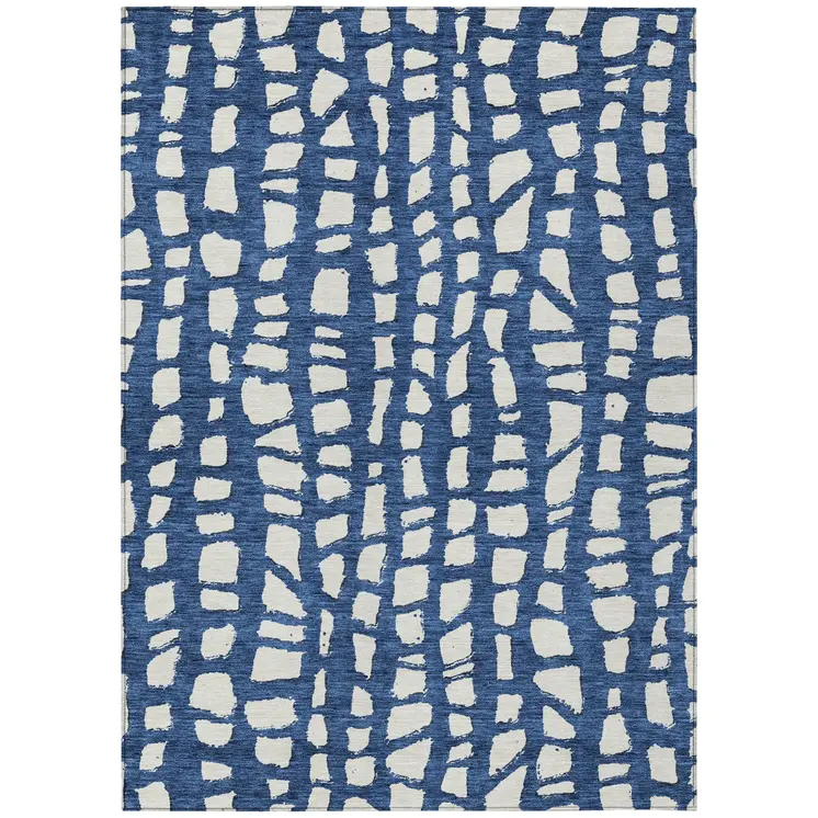 5' X 8' Navy Blue And Ivory Abstract Washable Indoor Outdoor Area Rug