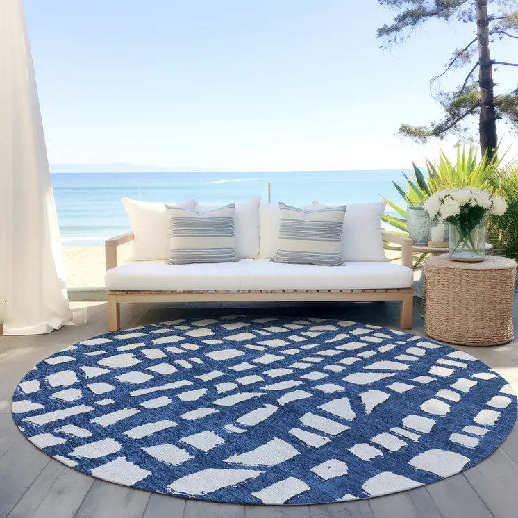 8' Navy Blue And Ivory Round Abstract Washable Indoor Outdoor Area Rug