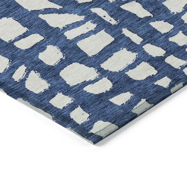 8' Navy Blue And Ivory Round Abstract Washable Indoor Outdoor Area Rug