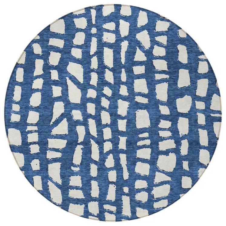 8' Navy Blue And Ivory Round Abstract Washable Indoor Outdoor Area Rug