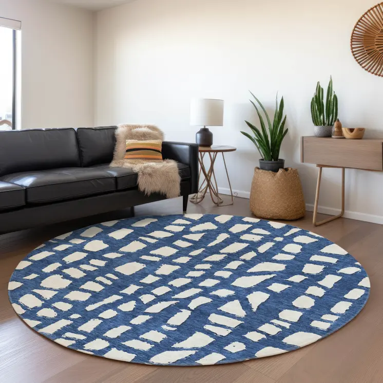 8' Navy Blue And Ivory Round Abstract Washable Indoor Outdoor Area Rug