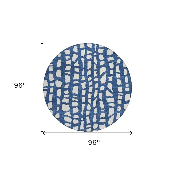 8' Navy Blue And Ivory Round Abstract Washable Indoor Outdoor Area Rug