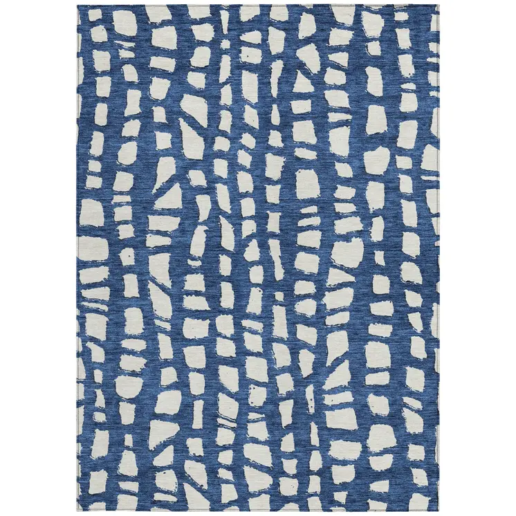 8' X 10' Navy Blue And Ivory Abstract Washable Indoor Outdoor Area Rug
