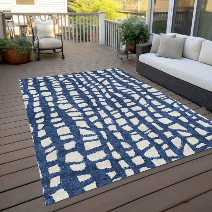 8' X 10' Navy Blue And Ivory Abstract Washable Indoor Outdoor Area Rug