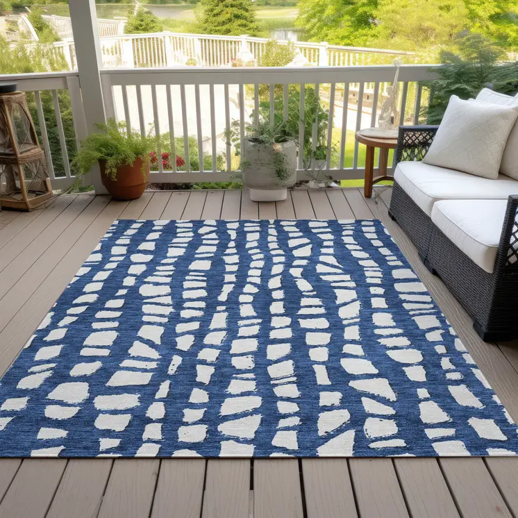 9' X 12' Navy Blue And Ivory Abstract Washable Indoor Outdoor Area Rug