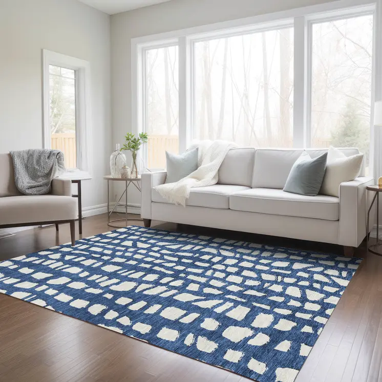 9' X 12' Navy Blue And Ivory Abstract Washable Indoor Outdoor Area Rug