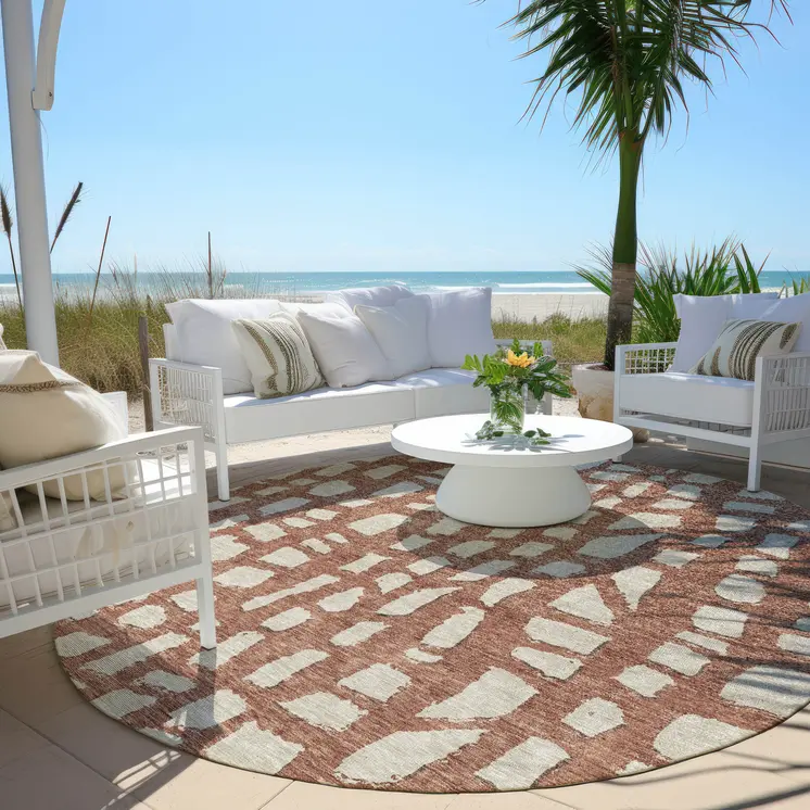 8' Orange And Ivory Round Abstract Washable Indoor Outdoor Area Rug