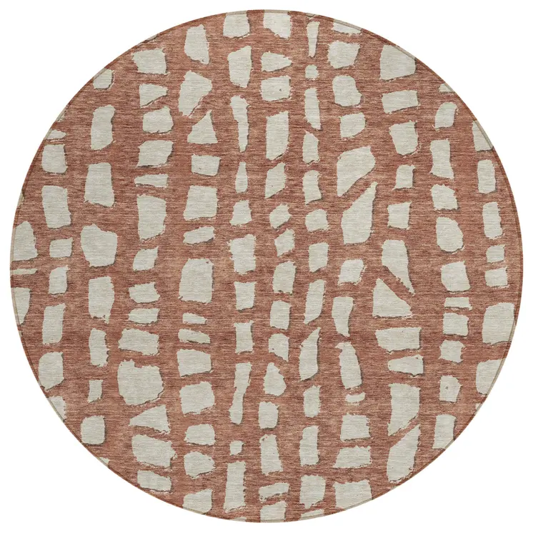 8' Orange And Ivory Round Abstract Washable Indoor Outdoor Area Rug