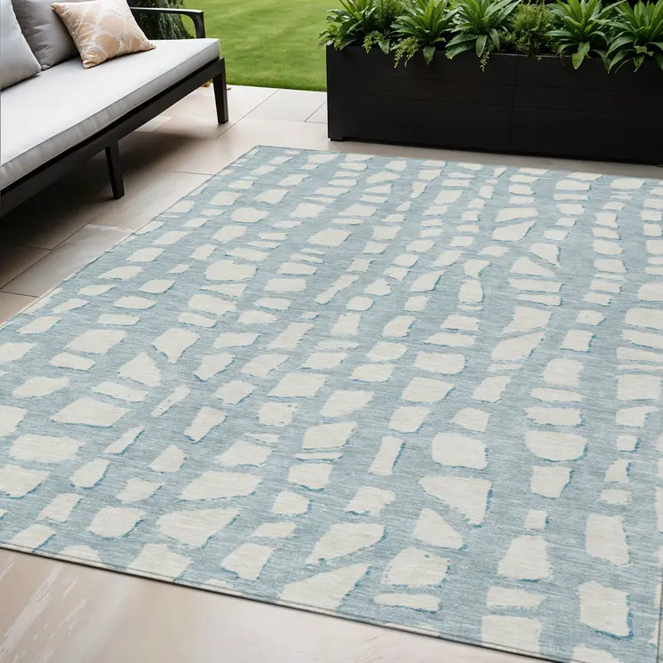 5' X 8' Sky Blue And Ivory Abstract Washable Indoor Outdoor Area Rug