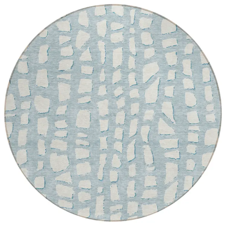 8' Sky Blue And Ivory Round Abstract Washable Indoor Outdoor Area Rug
