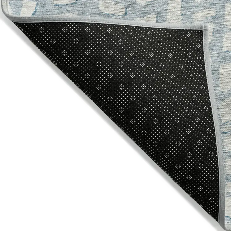 8' Sky Blue And Ivory Round Abstract Washable Indoor Outdoor Area Rug