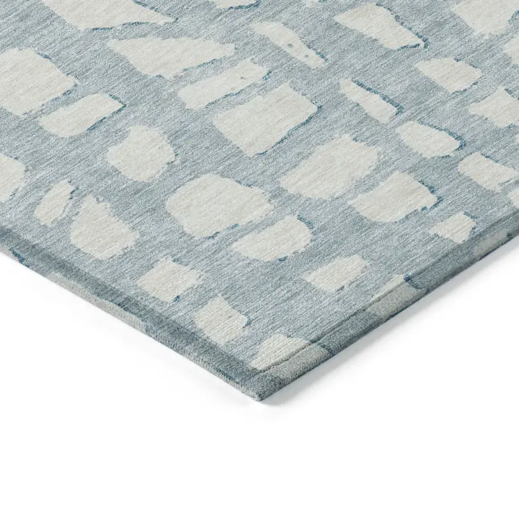 8' Sky Blue And Ivory Round Abstract Washable Indoor Outdoor Area Rug