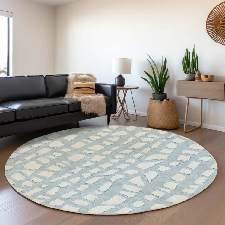 8' Sky Blue And Ivory Round Abstract Washable Indoor Outdoor Area Rug