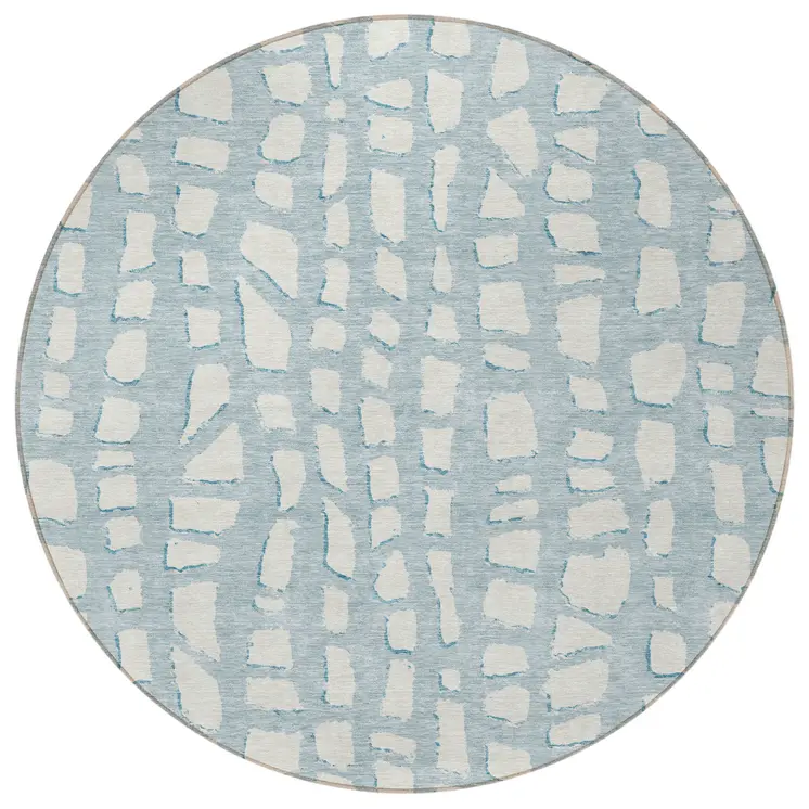 8' Sky Blue And Ivory Round Abstract Washable Indoor Outdoor Area Rug