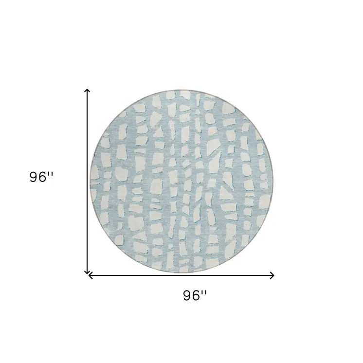 8' Sky Blue And Ivory Round Abstract Washable Indoor Outdoor Area Rug