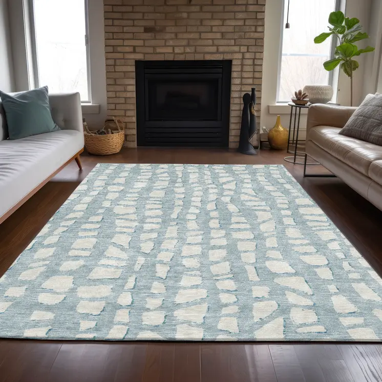 10' X 14' Sky Blue And Ivory Abstract Washable Indoor Outdoor Area Rug