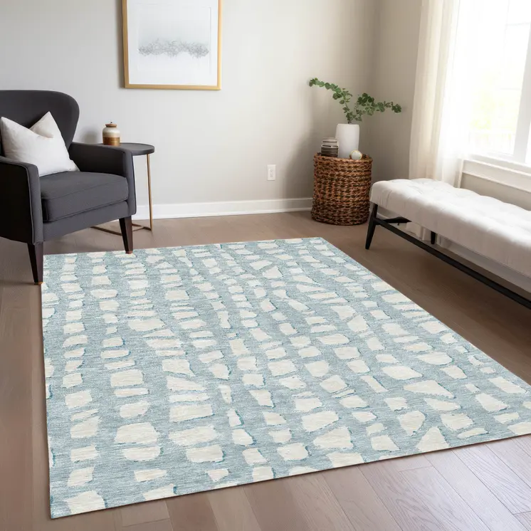 10' X 14' Sky Blue And Ivory Abstract Washable Indoor Outdoor Area Rug