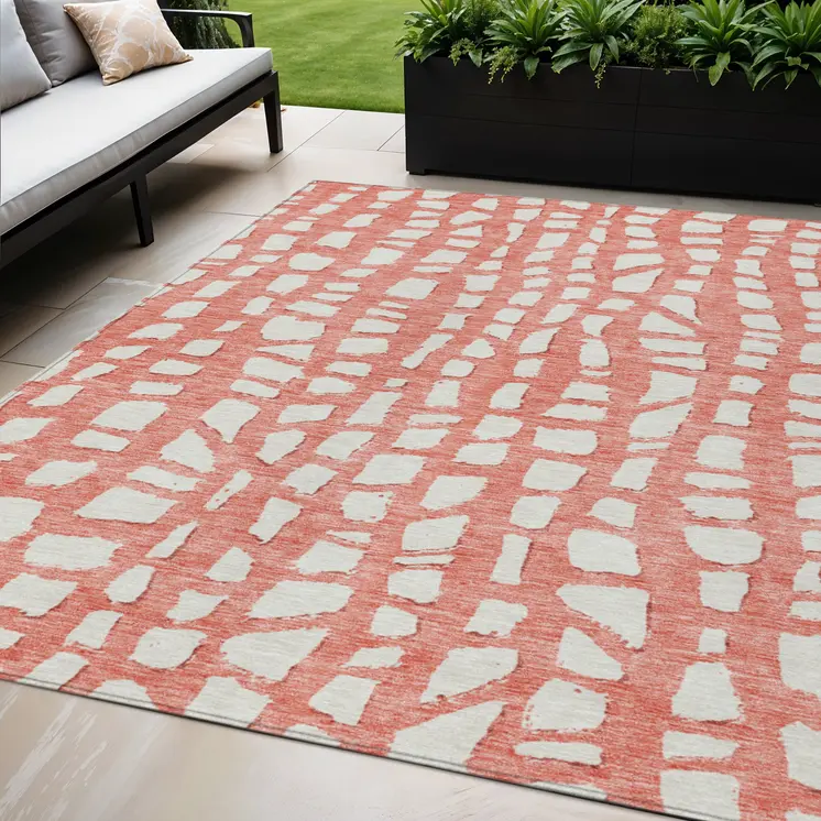 5' X 8' Salmon And Ivory Abstract Washable Indoor Outdoor Area Rug