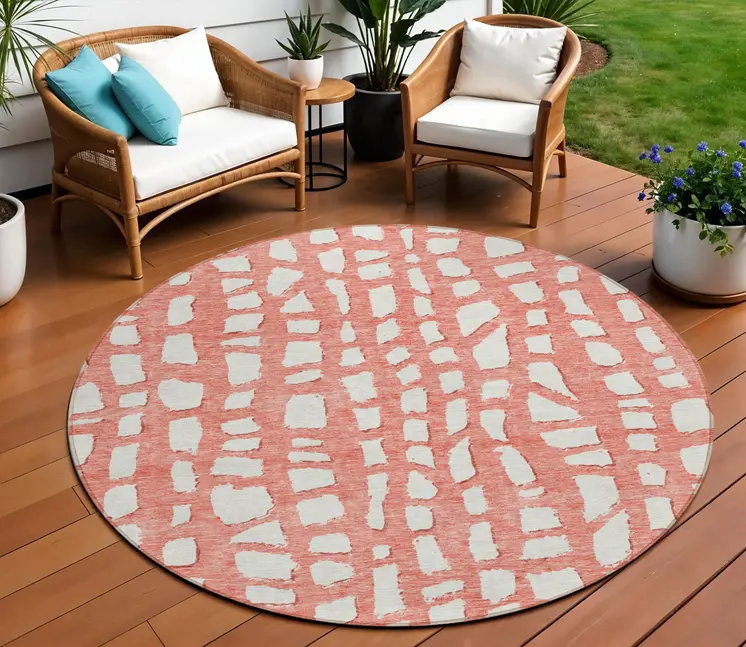 8' Salmon And Ivory Round Abstract Washable Indoor Outdoor Area Rug