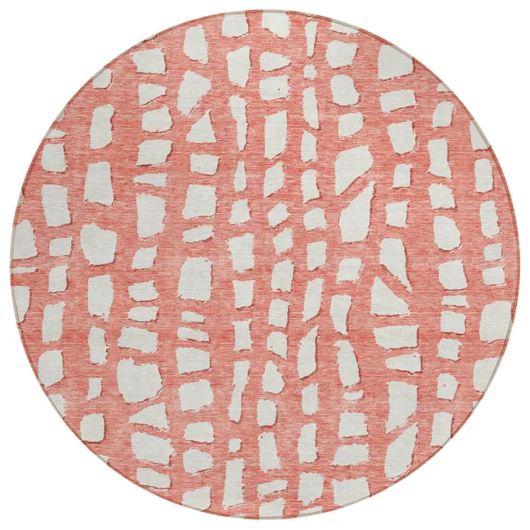 8' Salmon And Ivory Round Abstract Washable Indoor Outdoor Area Rug